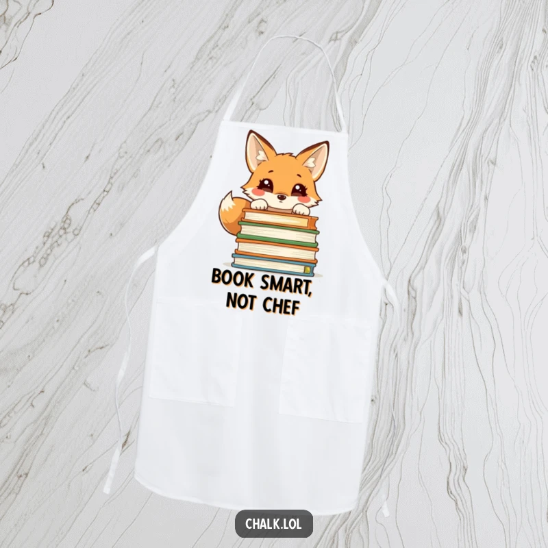 Funny apron depicting a curious fox peeking over a stack of cookbooks, adding humor to culinary adventures.