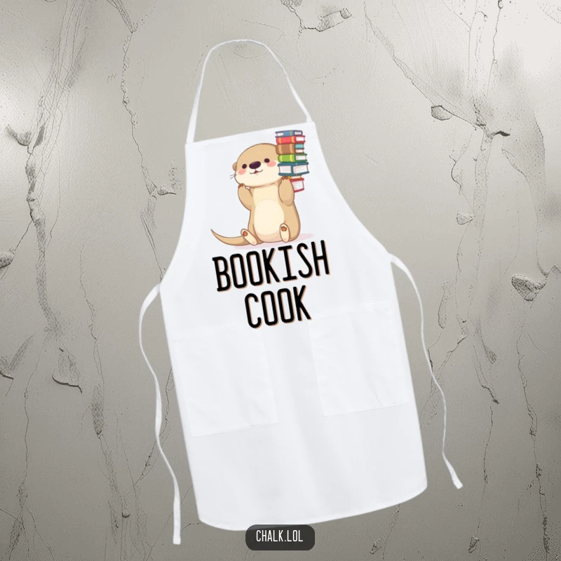 Funny Otter Apron: A cute otter artistically balancing a stack of books on its nose, ready for kitchen duty.