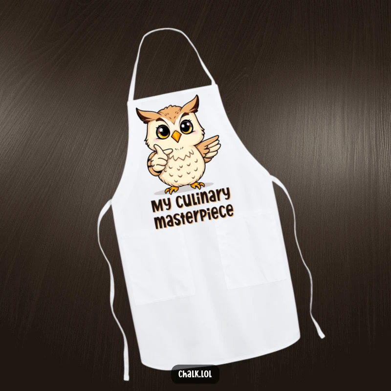 Funny Owl Art Apron: A joyful owl proudly points at a colorful drawing, making it a smart and functional art/kitchen accessory.