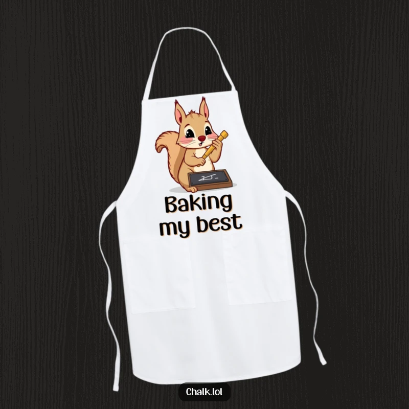 Funny squirrel scholar apron showing a determined squirrel writing on a slate with chalk. Humorous kitchen wear for dedicated learners.