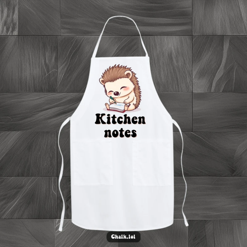 Funny Hedgehog Apron: A cute hedgehog engrossed in scribbling notes on a tiny notepad, ready for cooking.