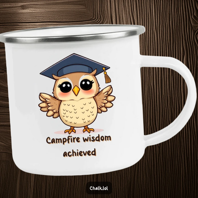 Funny graduation owl camping mug with a silly, excited owl in a cap, flapping wings. Durable and humorous mug for outdoor celebrations.