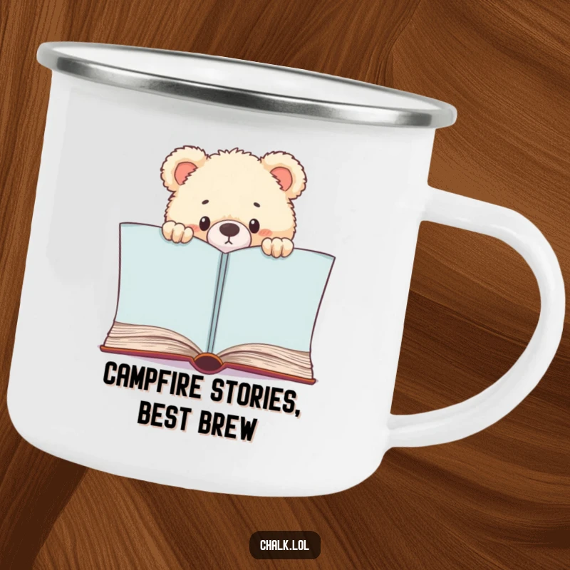 Funny Bear Cub Bookworm Camping Mug, a cub peeks from a book, perfect for outdoor reading, a funny gift for campers.