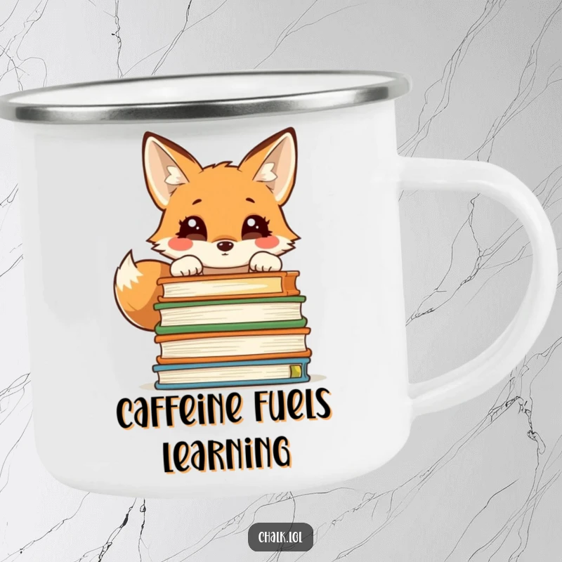Funny camping mug with a curious fox peeking over a stack of books, suitable for outdoor enthusiasts and readers.