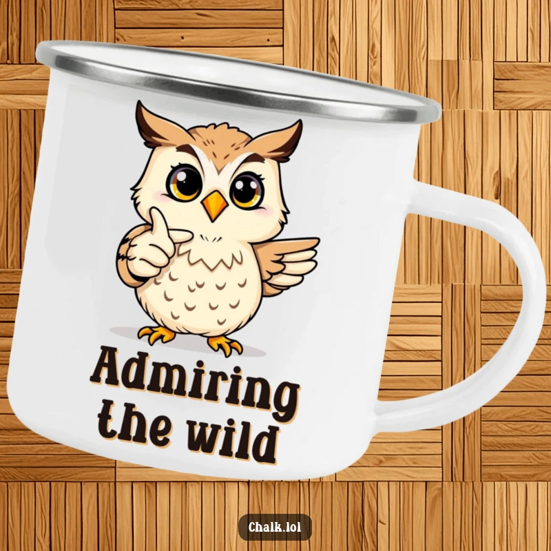 Funny Owl Art Camping Mug: A joyful owl proudly points at a colorful drawing, depicted on a durable enamel mug for outdoor creativity.
