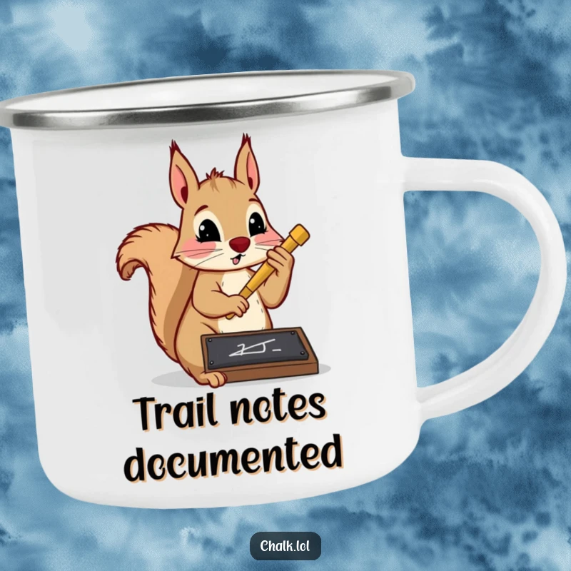 Funny squirrel scholar camping mug showing a determined squirrel writing on a slate with chalk. Durable and humorous mug for outdoor study sessions.