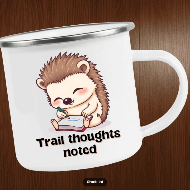 Funny Hedgehog Camping Mug: Durable enamel mug featuring a giggling hedgehog scribbling on a tiny notepad.