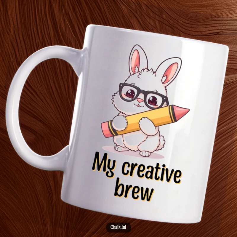 Funny Bunny Artist Mug: A fluffy bunny wearing glasses proudly holds a giant crayon, ready to create colorful masterpieces.
