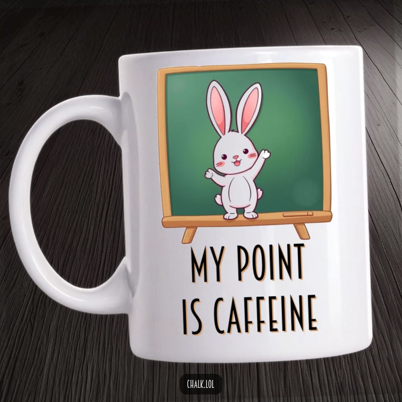 Funny Rabbit Teacher Mug, a cheerful rabbit points enthusiastically at a chalkboard, ready to share knowledge, a funny gift for educators.