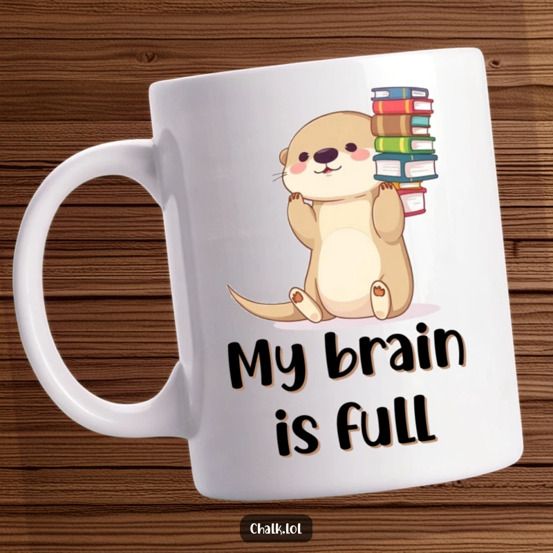 Funny Otter Mug: A cute, playful otter with a stack of books balanced perfectly on its nose.