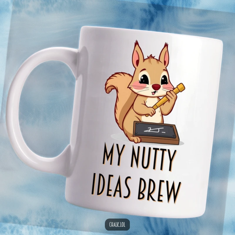 Funny squirrel scholar mug showing a determined squirrel earnestly writing with giant chalk on a slate, symbolizing focus and learning.