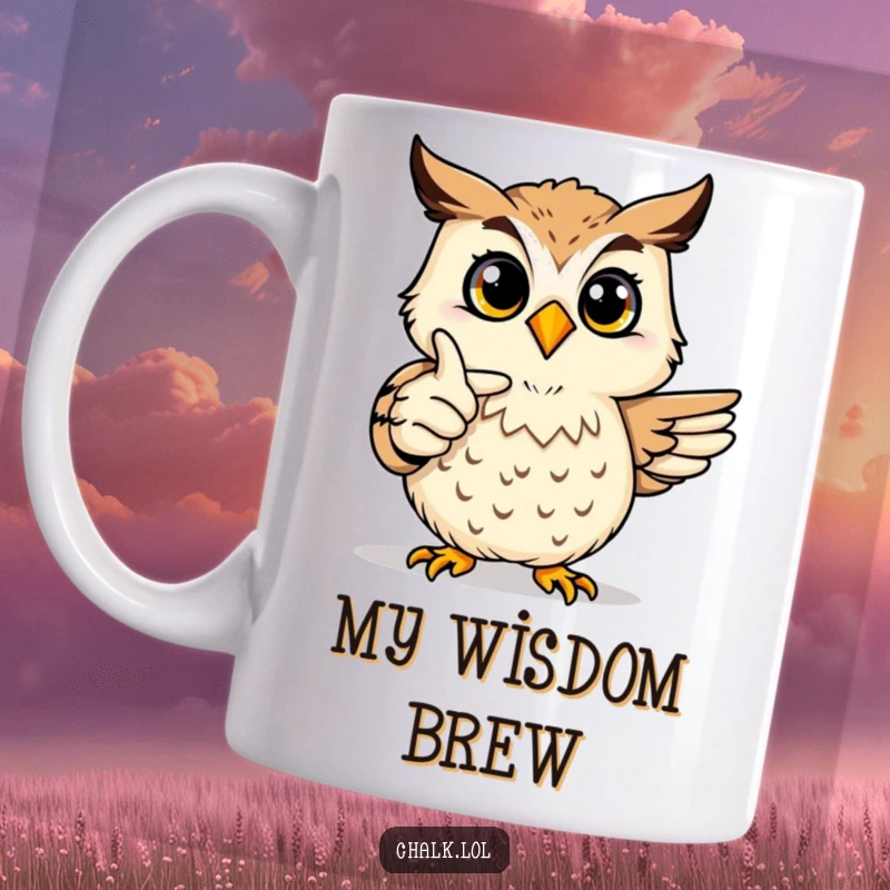 Funny Owl Art Mug: A joyful owl proudly points its wing at a vibrant, colorful drawing it created.