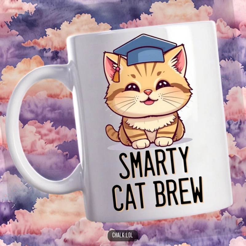 Funny Grad Cat Mug: A cheerful cat wearing a small graduation cap dips chalk, symbolizing smarts and celebration.