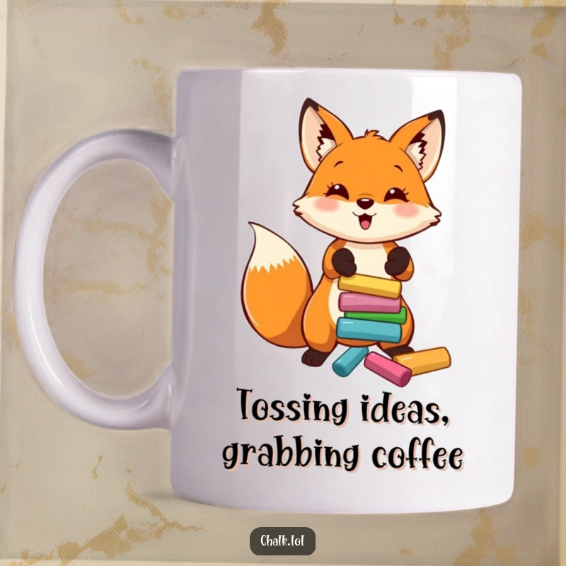 Funny Fox Artist Mug, a cheerful fox energetically tosses colorful chalk, embodying creativity and playfulness, a funny gift for artists.