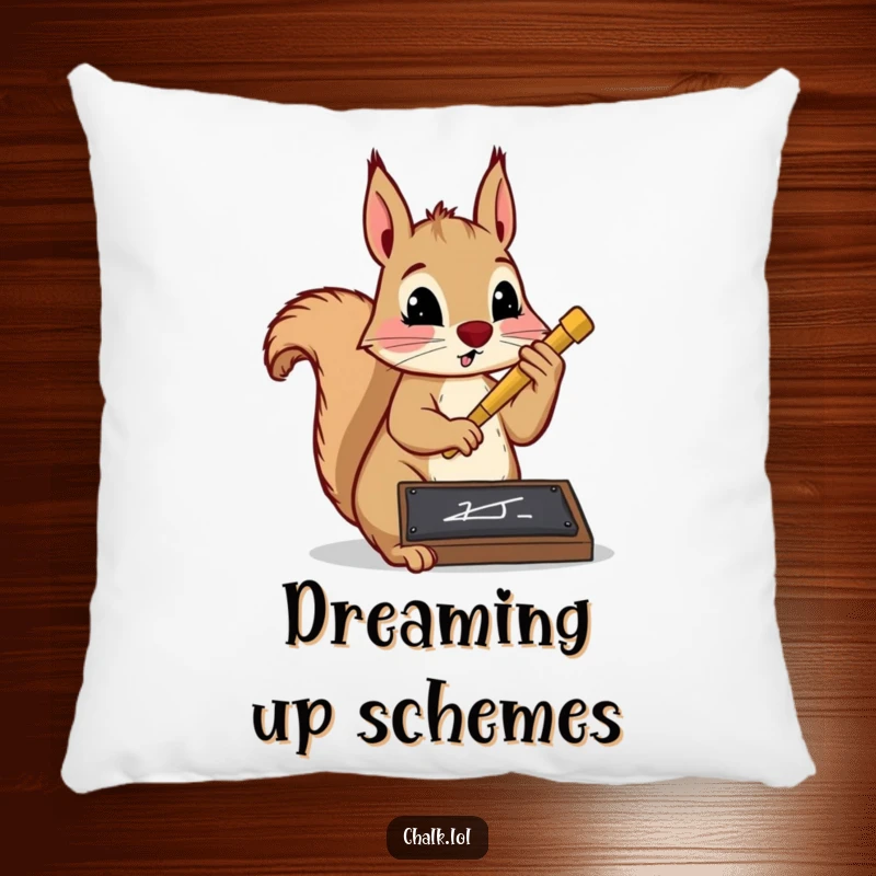 Funny squirrel writer pillow featuring a determined squirrel writing with chalk on a slate. Soft, decorative, and humorous item for study comfort.