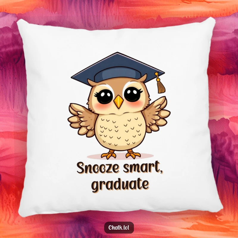 Funny graduation owl pillow featuring a silly, excited owl in a cap, flapping wings. Soft, decorative, and humorous item celebrating academic achievement.