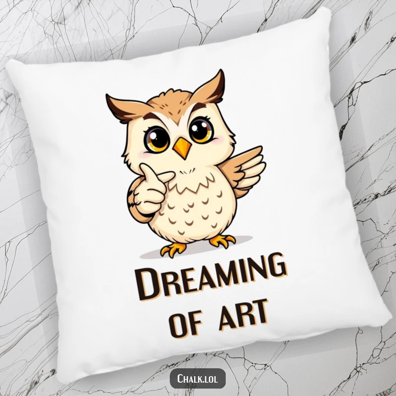 Funny Owl Art Pillow: A joyful owl proudly points at a colorful drawing, a soft and humorous cushion for art enthusiasts.
