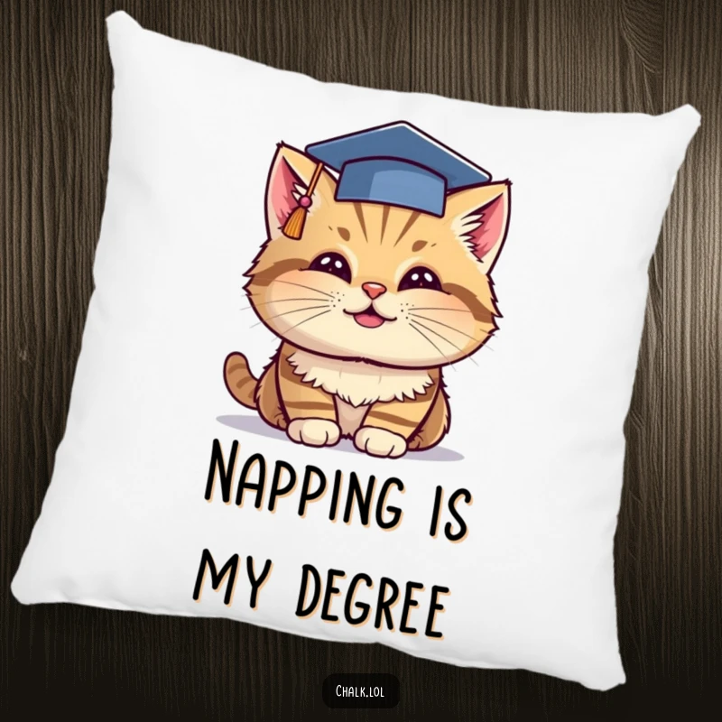 Funny Grad Cat Pillow: A cheerful cat in a graduation cap dips chalk, a soft and humorous cushion for celebrating academic success.