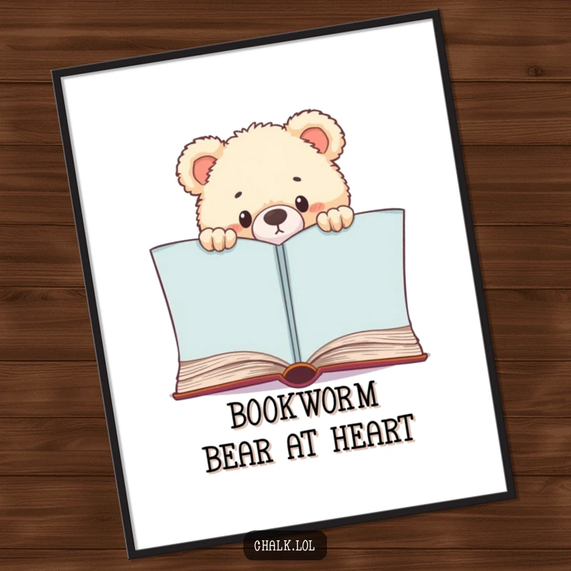 Funny Bear Cub Bookworm Digital Print, a cub peeks from a book, adding charm and humor, a funny gift for art enthusiasts.