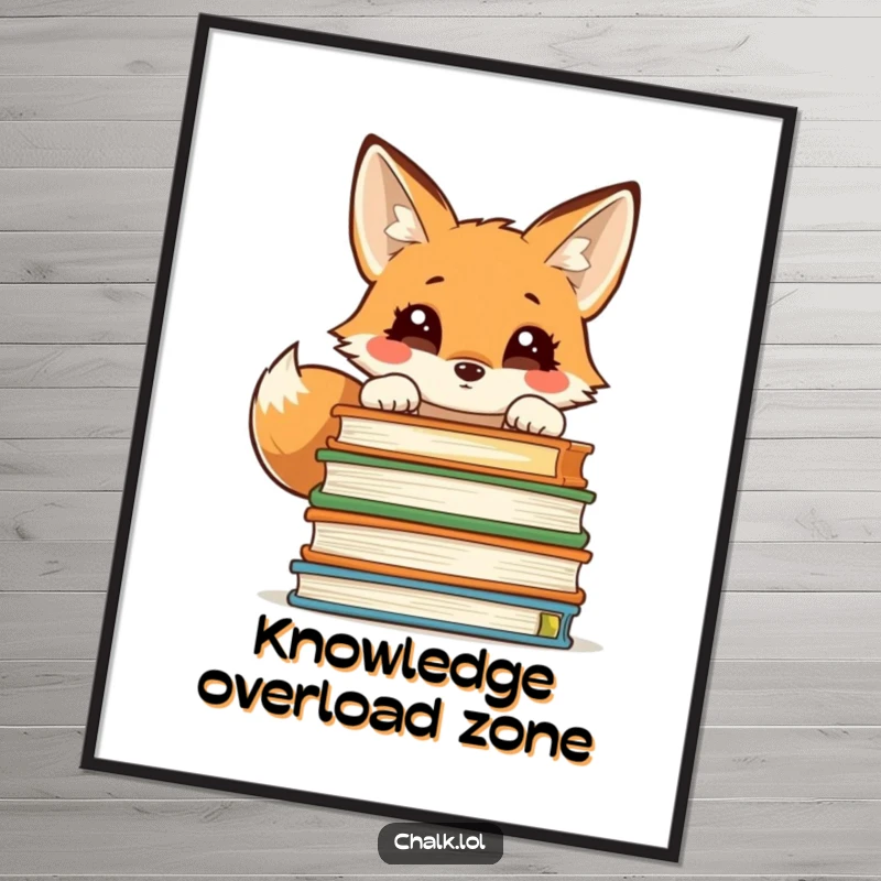 Funny digital art print of a curious fox peeking over a stack of textbooks, bringing academic charm to any digital screen.