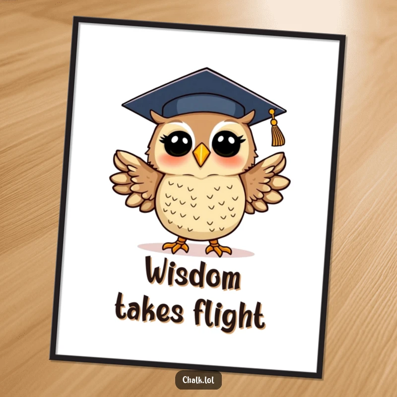 Funny graduation owl digital art print of a silly, excited owl in a cap, flapping wings. Instant download for humorous academic celebration decor.