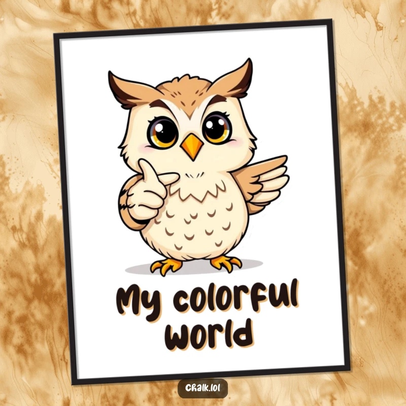 Funny Owl Art Digital Art Print: A joyful owl proudly points at a colorful drawing, ready to inspire artistic expression and wisdom.