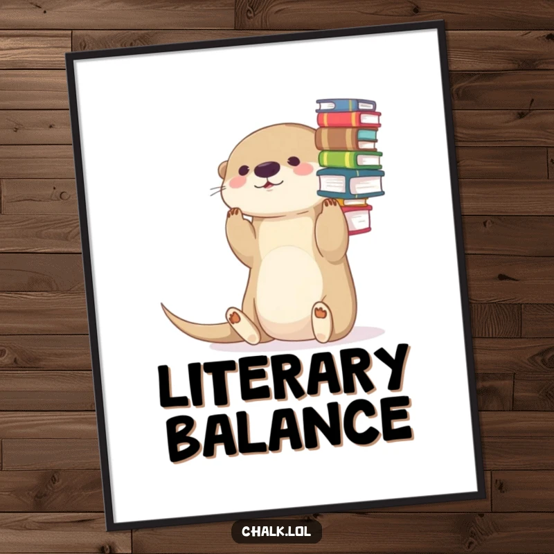 Funny Otter Digital Art Print: A high-resolution, whimsical illustration of a playful otter balancing books on its nose.