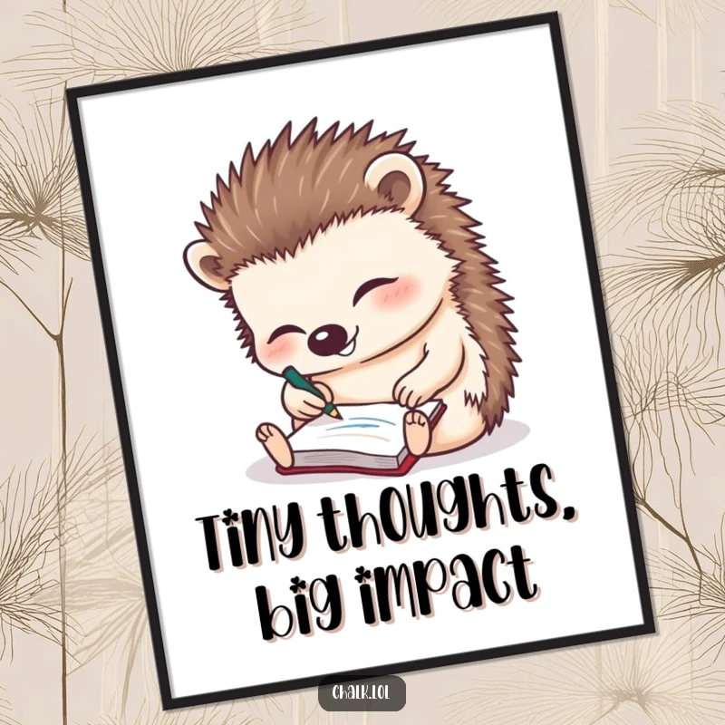 Funny Hedgehog Digital Art Print: A high-resolution, whimsical illustration of a giggling hedgehog scribbling on a tiny notepad.
