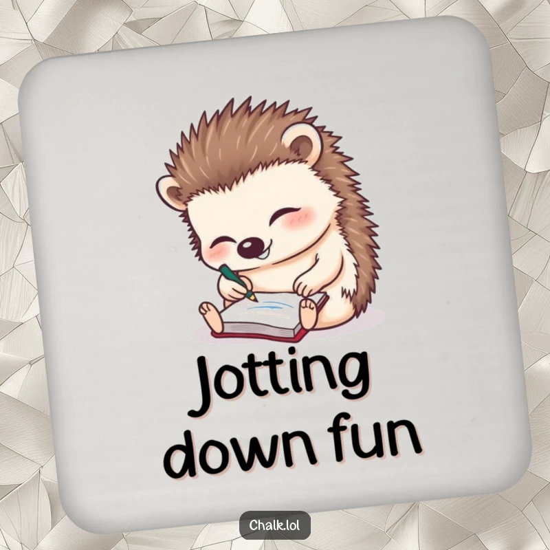 Funny Hedgehog Coaster: A small coaster depicting a giggling hedgehog scribbling notes on a tiny notepad.