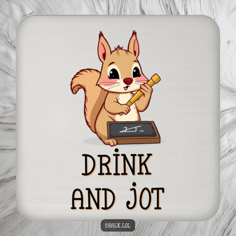 Funny squirrel writer coaster featuring a determined squirrel writing with chalk on a slate. Protects furniture with humorous academic-themed art.