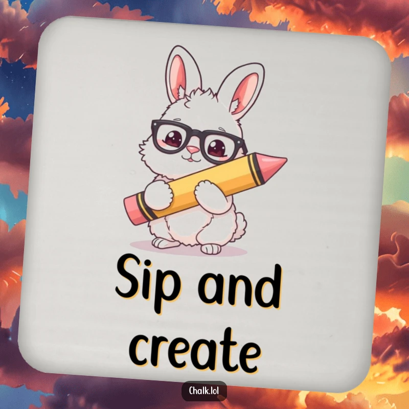 Funny Bunny Artist Drink Coaster: A fluffy bunny wearing glasses holds a giant crayon, adding artistic humor to your table.