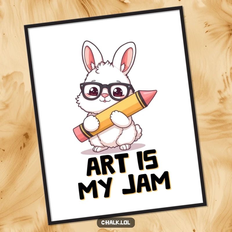 Funny Bunny Artist Poster: A fluffy bunny in glasses holds a giant crayon, creating a whimsical and artistic statement piece.