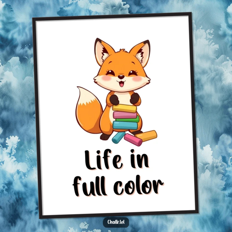 Funny Fox Artist Poster, a fox tosses chalk, bringing artistic flair and humor, a funny gift for art enthusiasts.