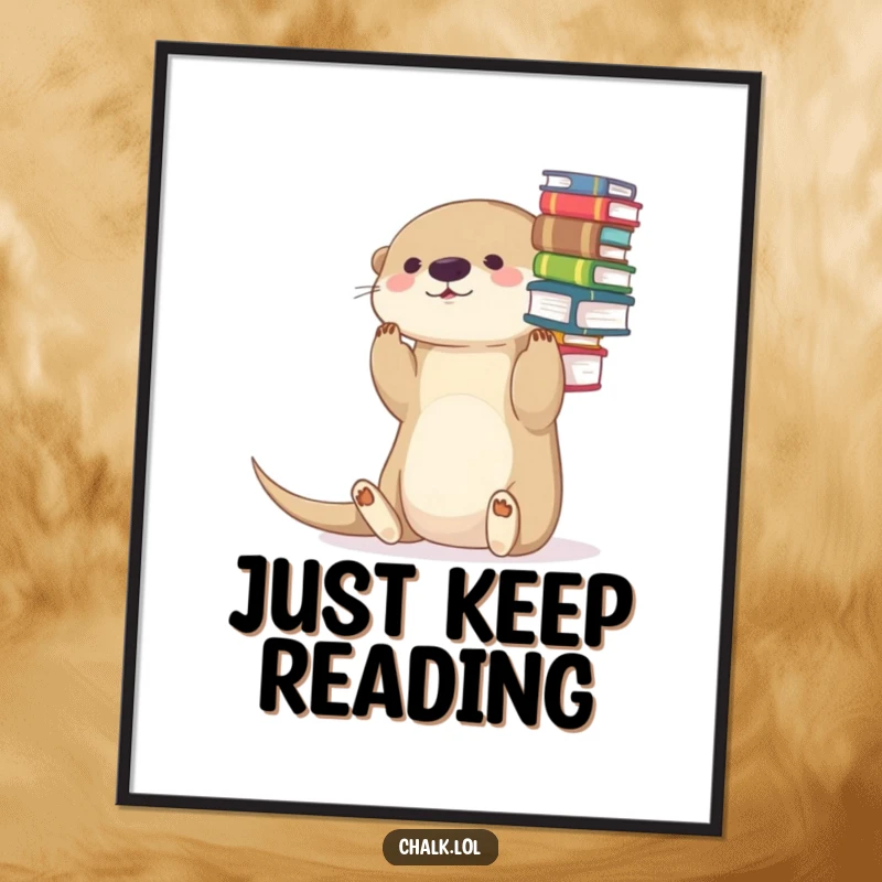 Funny Otter Poster: A whimsical illustration of a playful otter balancing a precarious stack of books on its nose.