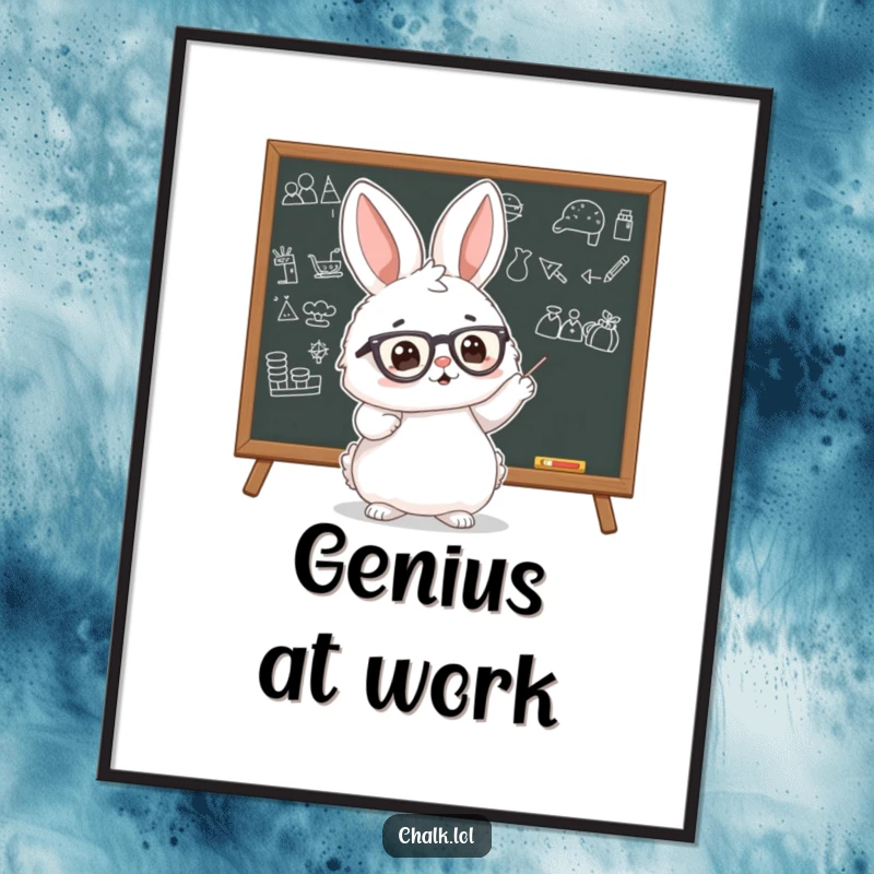 Funny Bunny Scholar Poster showing a fluffy bunny wearing tiny glasses, pointing enthusiastically at a blackboard with drawings, perfect for educational decor.