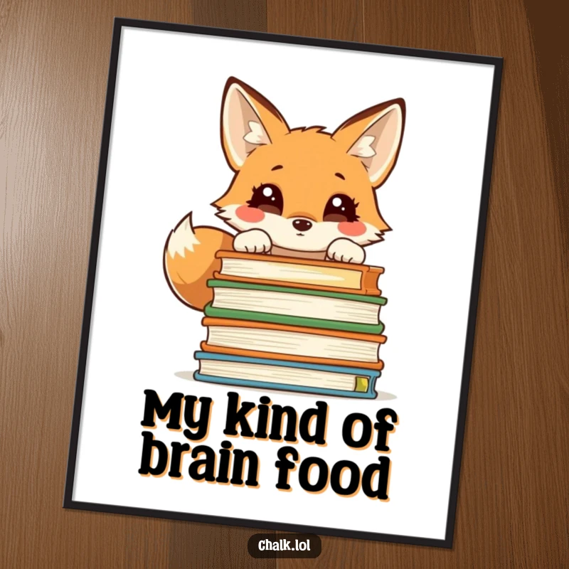 Funny, whimsical poster of a curious fox peeking over a tall stack of textbooks, ideal for a study or reading nook.