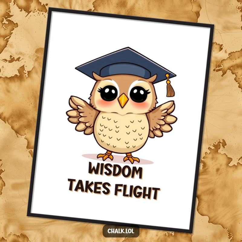 Funny graduation owl poster depicting a silly, excited owl wearing a cap and flapping wings, celebrating academic success. Whimsical and motivational art.