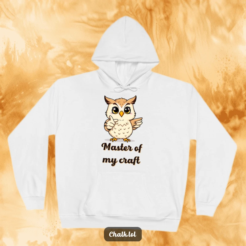 Funny Owl Art Hoodie: A joyful owl proudly points at a colorful drawing, depicted on a cozy hoodie for art lovers.