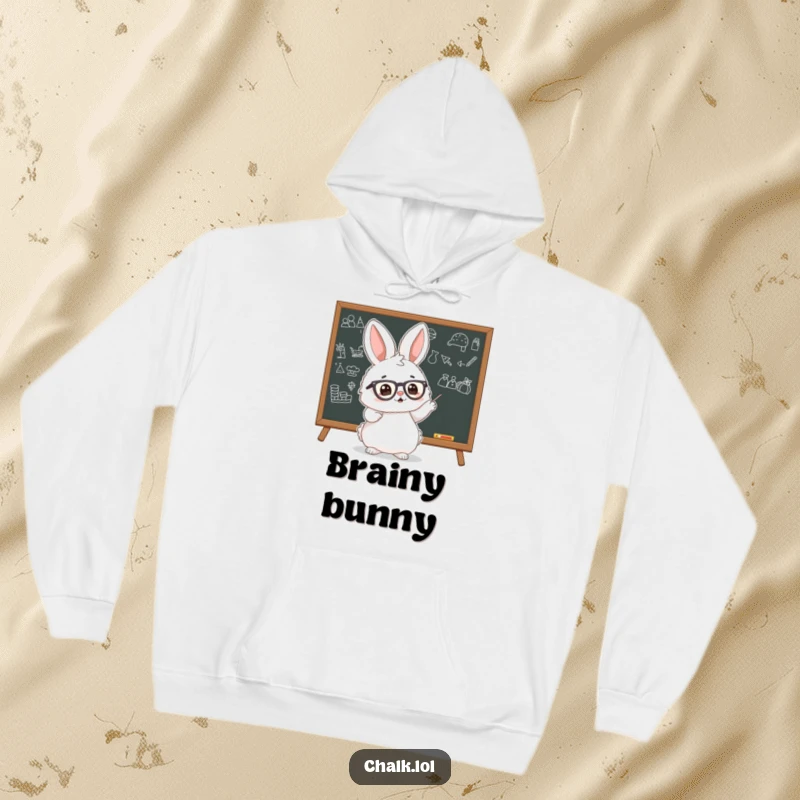 Funny Bunny Scholar Hoodie showing a fluffy bunny wearing tiny glasses, pointing enthusiastically at a blackboard with drawings, perfect for cozy study.
