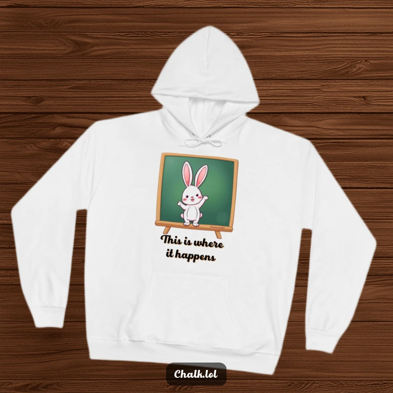 Funny Rabbit Teacher Hoodie, a rabbit points at a chalkboard, bringing motivation and warmth, a funny gift for educators.