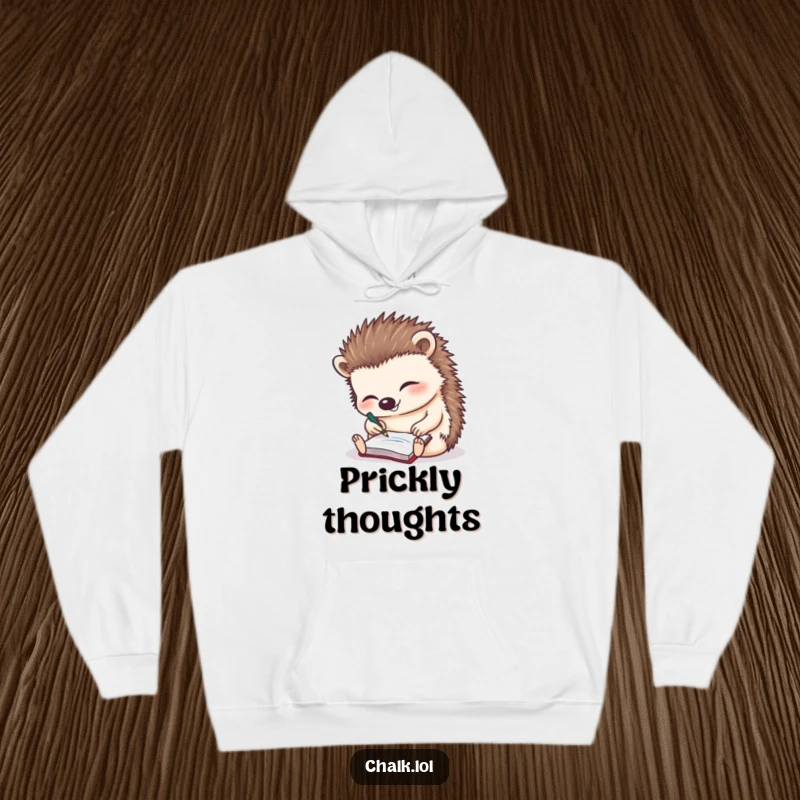 Funny Hedgehog Hoodie: Soft and warm, showing a cheerful hedgehog scribbling notes on a miniature notepad.