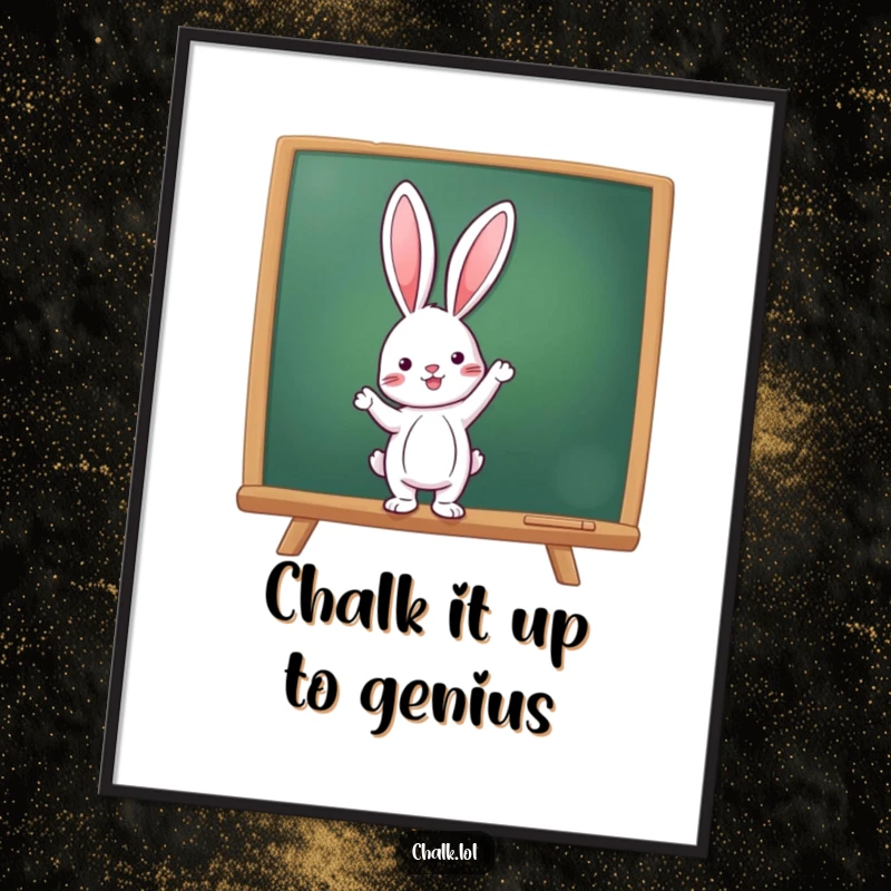 Funny Free Printable Wall Art: Enthusiastic little rabbit pointing at a chalkboard, inviting viewers to discover something fun.