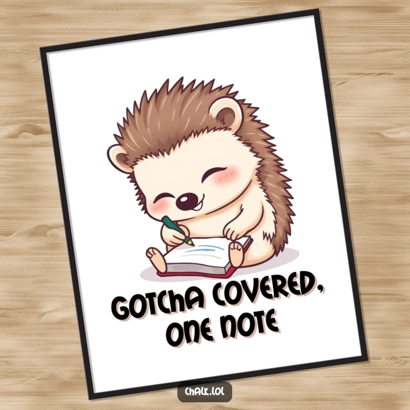 Funny free printable wall art: A happy hedgehog engrossed in scribbling on a tiny notepad. Whimsical art.