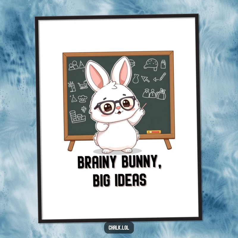 Funny Free Printable Wall Art: A fluffy bunny wearing tiny glasses, pointing enthusiastically at a blackboard covered in drawings.