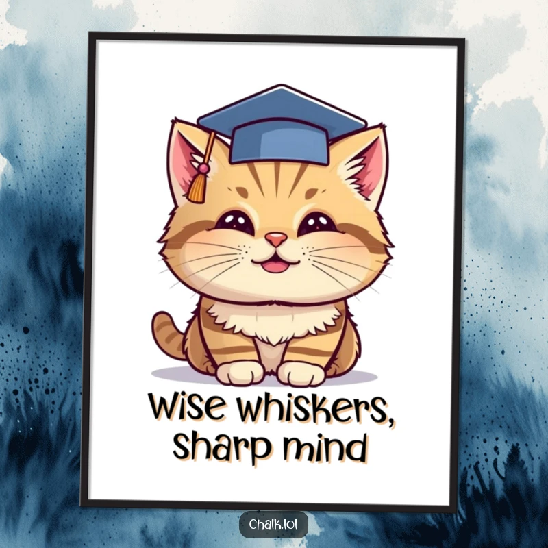 Funny Free Printable Wall Art: Cheerful cat wearing a tiny graduation cap, dipping chalk.
