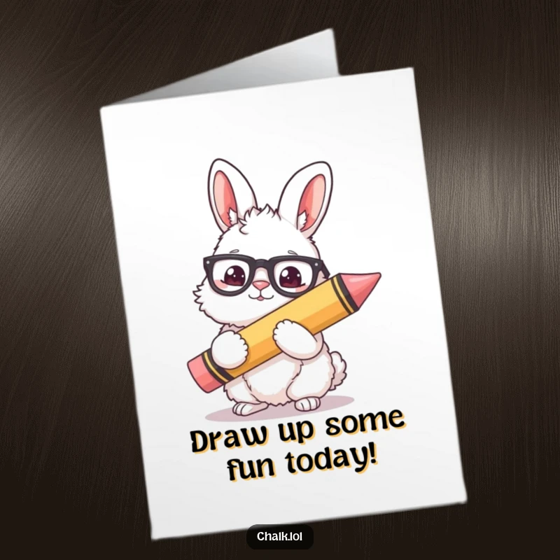 Funny Free Printable Birthday Card: Fluffy bunny wearing glasses, holding a giant crayon, ready to draw.