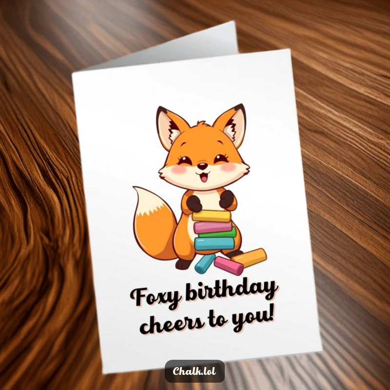 Funny Free Printable Birthday Card: Cheerful fox gleefully tossing a stack of vibrant chalk, ready for a birthday celebration.