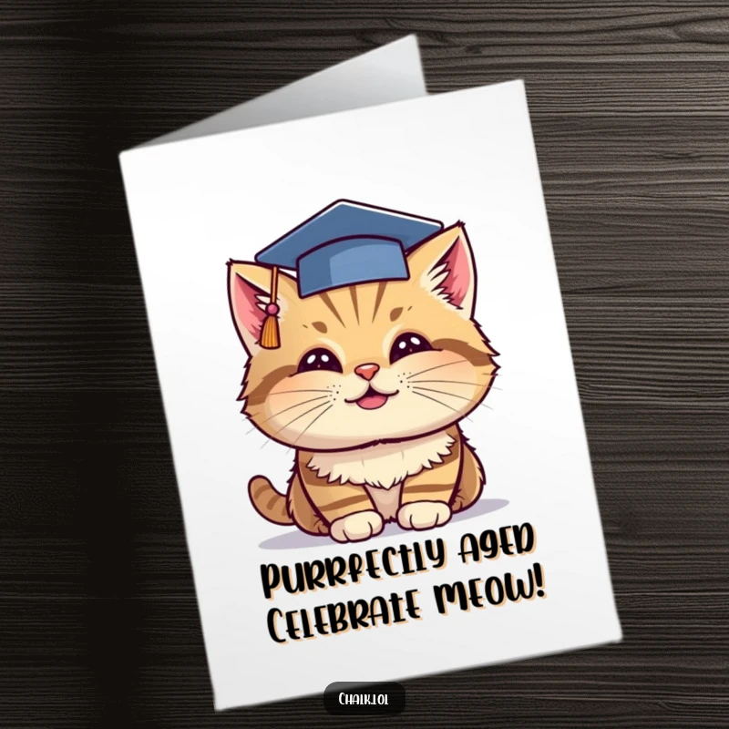 Funny Free Printable Birthday Card: Cheerful cat with graduation cap, dipping chalk, celebrating.
