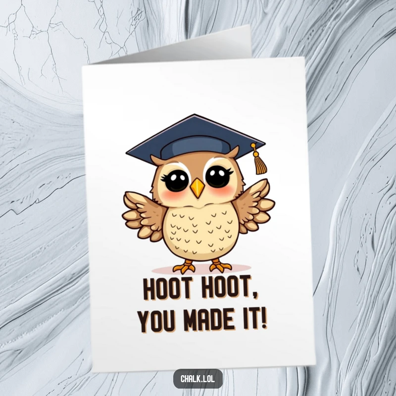 Funny Free Printable Birthday Card: A silly owl in a graduation cap flaps in excitement, ready to party.