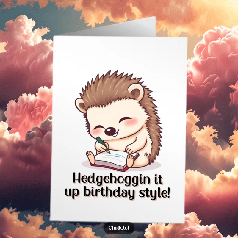 Funny free printable birthday card: A giggling hedgehog joyfully scribbling on a tiny notepad. Print it now!
